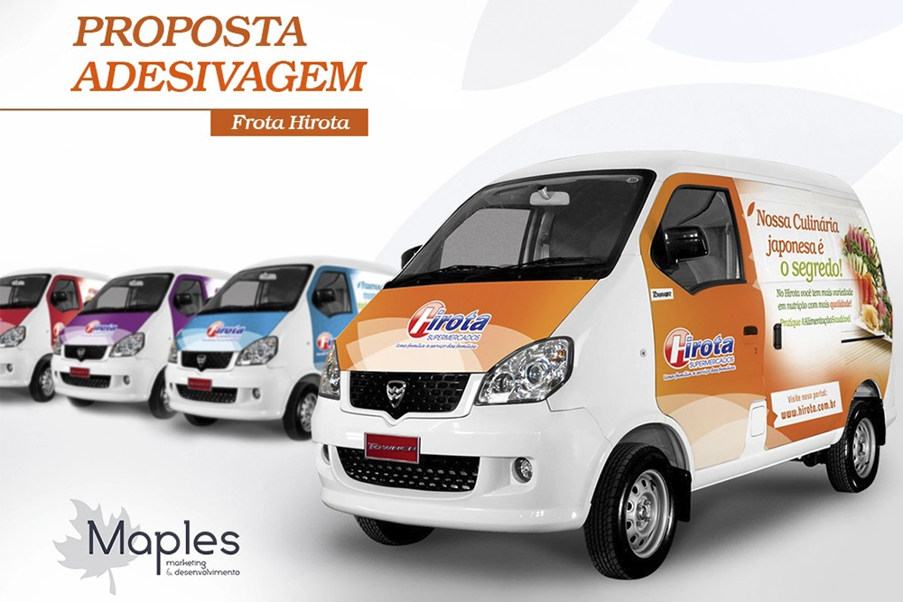 Fleet of white delivery vans with orange Hirota wraps; foreground van shows Hirota branding, Maples logo in corner.