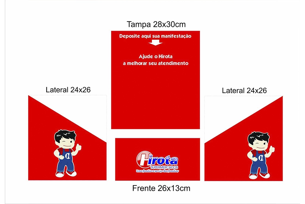 Diagrama de montagem de display promocional Hirota com tampa central vermelha e laterais com garoto.