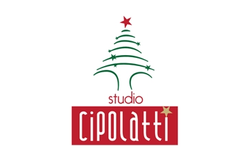 Studio Cipolatti logo featuring a stylized green Christmas tree with a red star on top, and a red badge below reading Cipolatti with a small gold star.