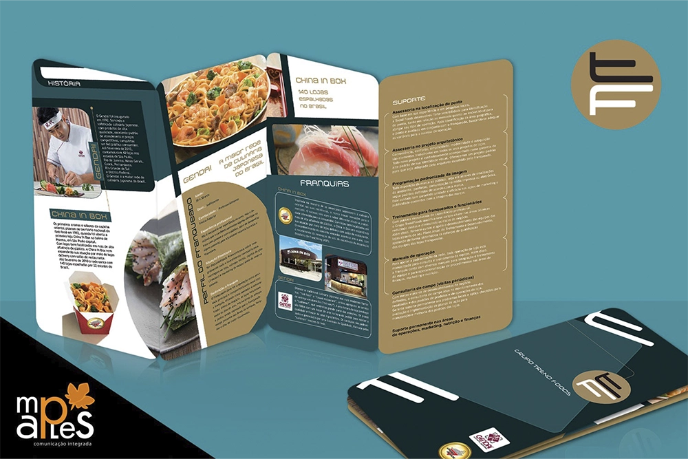 Mockup of multi-panel brochures opened to reveal food photos and text on beige and dark panels, with a teal background and bottom-left logo.