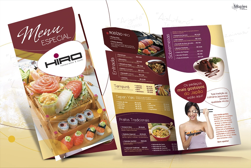 Three overlapping sushi restaurant menus/flyers featuring sushi images, colorful sections, and a chef logo on the left panel.