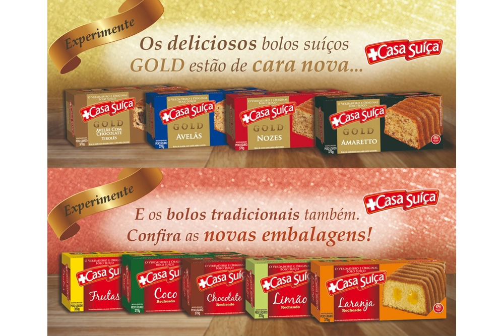 Banner publicitário da Casa Suiça: linha GOLD com quatro caixas de bolos em uma bancada de madeira, com fita 'Experimente' no canto e fundo dourado.